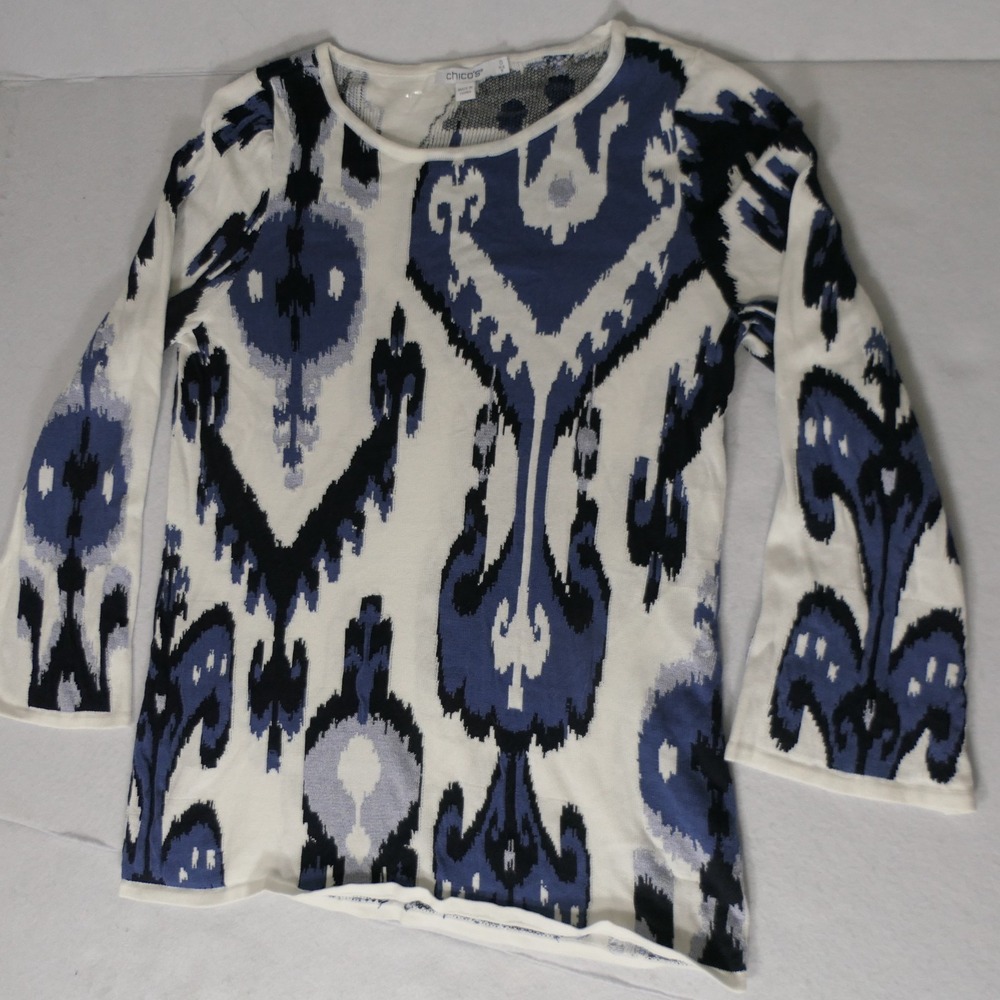 Chico's Womens Sweater 0 Intarsia Ikat-Print Pullover Blue/White Boho Coastal